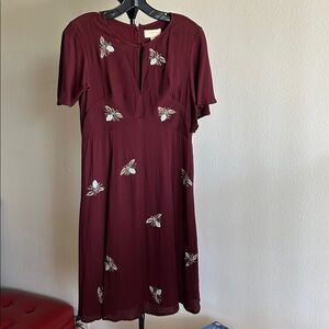 Moulinette Soeurs Burgundy Midi Dress with Floral beading and embroidery